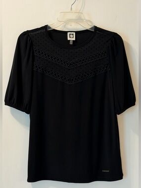 Anne Klein Black Puff Sleeve Knit Top with Lace Yoke